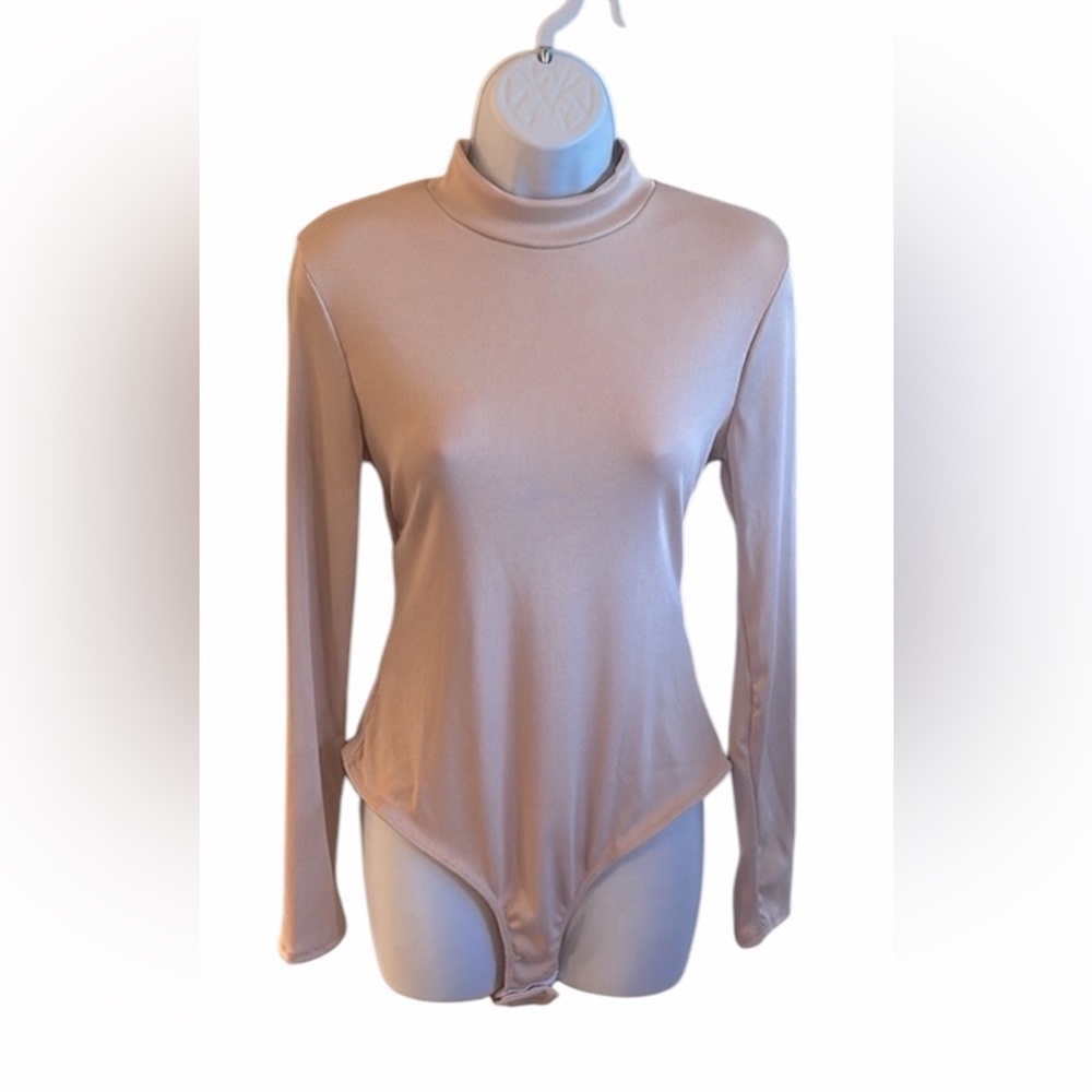 Wisteria Lane Lace Up Back Bodysuit Size Large Nude Long Sleeve Mock Neckline - Picture 3 of 13